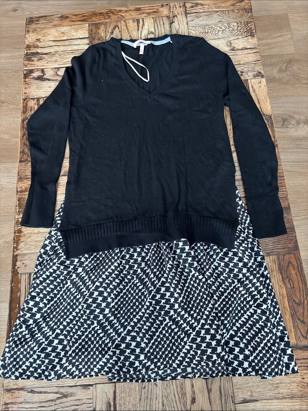 VS Black V-Neck Sweater with Black & White Houndstooth Skirt mixed media dress